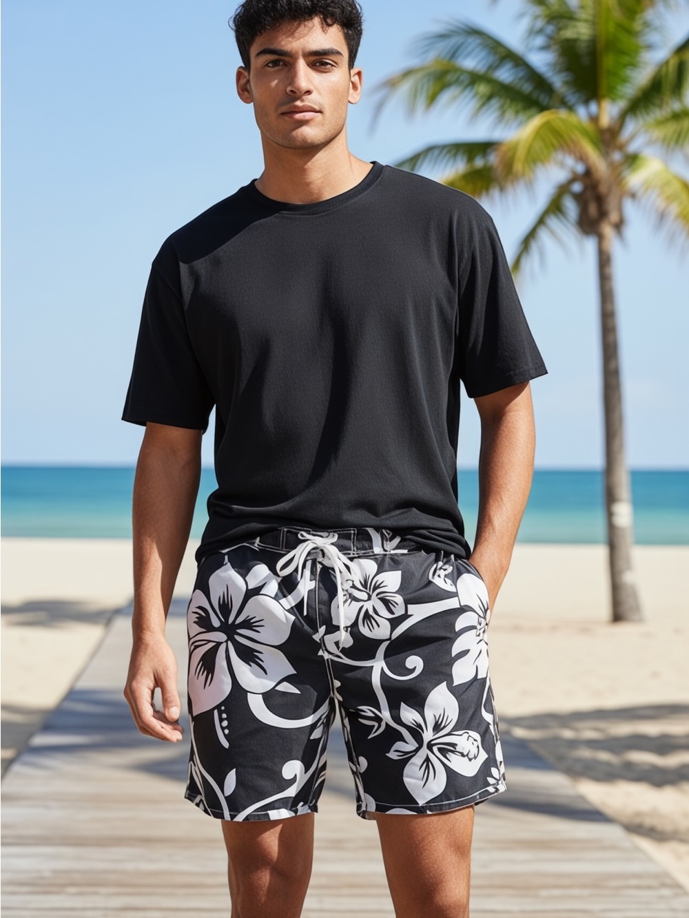 Old Navy Large Men's Black Floral Swim Board Shorts with White Hibiscus Print